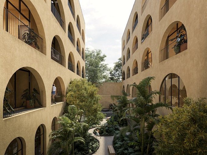 Render del patio interior con fachadas de arcos